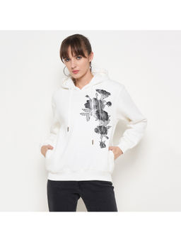Madame - Floral Print Adorned Cotton Blend White Hoodie