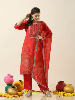 Ishnya - Heeriye-Red Bandhani Kurta with Pant and Dupatta (Set of 3)