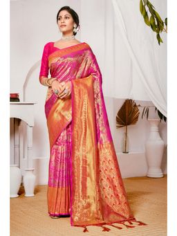 EXCLUSIVA - Pink Kanjivaram Silk Saree with Unstitched