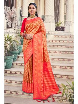 Sangam Prints - Red Silk Woven Zari Work Traditional Tassel Saree with Unstitched Blouse
