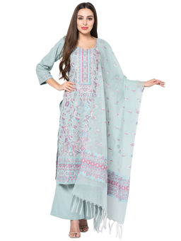 Safaa - Sea green Cotton Jacquard Kani Unstitched Kurta And Salwar With Dupatta (Set of 3)