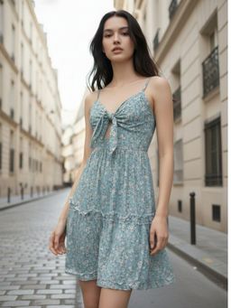 Outzidr - Blue Spaghetti Strap Front Tie-Up Dress