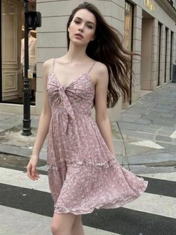 Outzidr - Pink Spaghetti Strap Front Tie-Up Dress