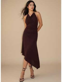 Outzidr - Brown Halter Neck Asymmetrical Hem Dress