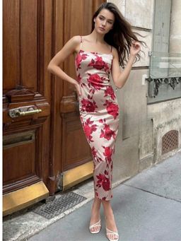 Outzidr - Cream Strappy Large Floral Printed Fitted Dress