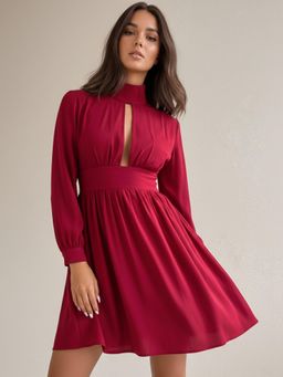Outzidr - Red Bishop Sleeve Waist Fitted Dress