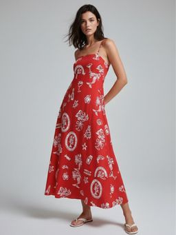 Outzidr - Red Strappy Printed Vacation Dress