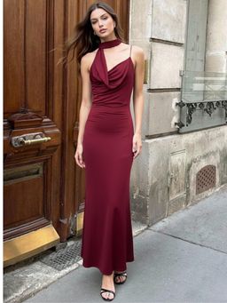 Outzidr - Red Neck Cowl Wrap Dress