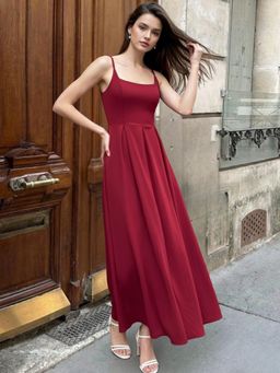 Outzidr - Burgundy Strappy Cinched Waist Solid Flowy Maxi