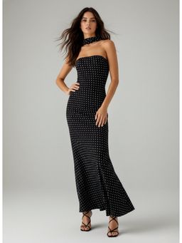 Outzidr - Black Tube Polka Dress With Scarf