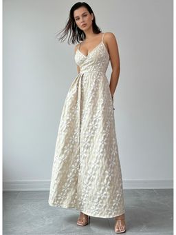 Outzidr - Off White Spaghetti Strap Textured Dress