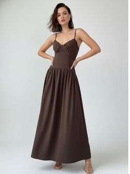 Outzidr - Brown Spaghetti Strap Drop Waist Dress
