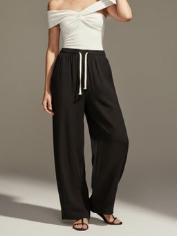 Outzidr - Black High Waist Drawstring Attached Pleated Pant