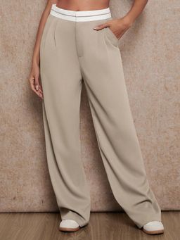 Outzidr - Beige Contrast Waist Band Wide Leg Trouser