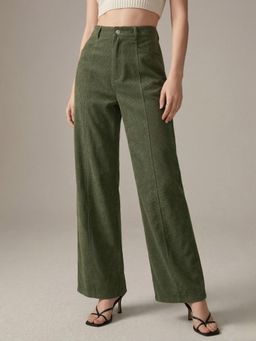 Outzidr - Olive High Waist Wide Leg Solid Trouser