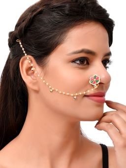 Silvermerc Designs - Gold Plated Pink & Green Stone Floral Clip-On Nose Pin