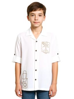 CAVIO - White Boys Cotton Regular Fit Embroidered Shirt