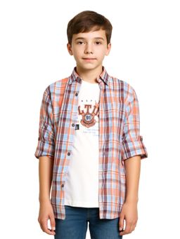 CHARCHIT - Orange Boys Regular Fit Checks Shirt and T-Shirt