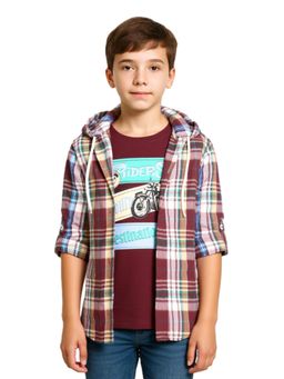 CAVIO - Boys Maroon Checks Full Sleeve Hooded Shirt and T-Shirt