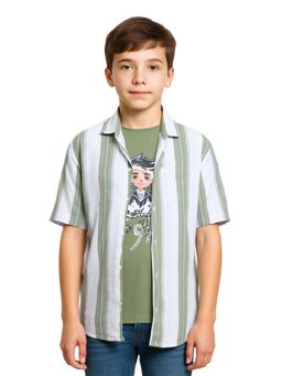 CAVIO - Green Boys Regular Fit Striped Shirt and T-Shirt