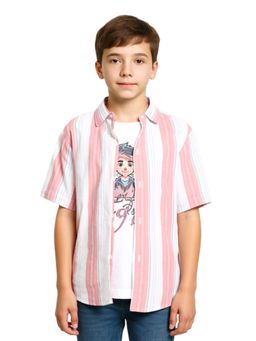 CAVIO - Pink Boys Regular Fit Striped Shirt and T-Shirt