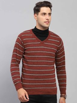 Monte Carlo - Mens Striped Rust V Neck Full Sleeve Pullover Sweater