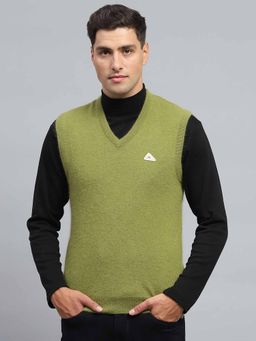 Monte Carlo - Mens Solid Green V Neck Sleeveless Sweater