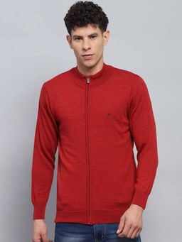 Monte Carlo - Mens Solid Red Mock Neck Full Sleeve Pullover Sweater