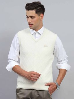 Monte Carlo - Mens Self Design White V Neck Sleeveless Sweater