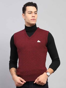 Monte Carlo - Mens Self Design Maroon V Neck Sleeveless Sweater