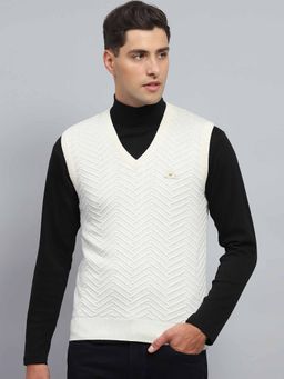 Monte Carlo - Mens Self Design White V Neck Sleeveless Sweater