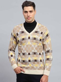 Monte Carlo - Mens Check Beige V Neck Full Sleeve Pullover Sweater