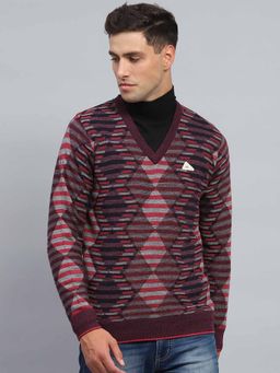 Monte Carlo - Mens Striped Wine V Neck Full Sleeve Pullover Sweater