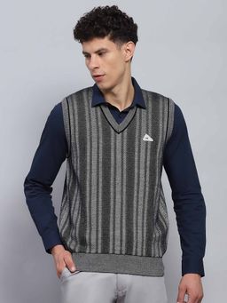 Monte Carlo - Mens Self Design Grey V Neck Sleeveless Sweater