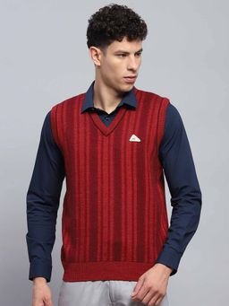 Monte Carlo - Mens Self Design Maroon V Neck Sleeveless Sweater