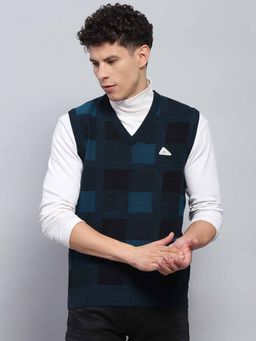 Monte Carlo - Mens Self Design Navy Blue V Neck Sleeveless Sweater