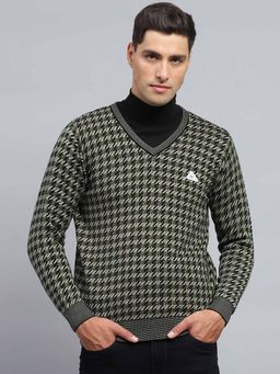 Monte Carlo - Mens Striped Green V Neck Full Sleeve Pullover Sweater