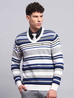Monte Carlo - Mens Striped White V Neck Full Sleeve Pullover Sweater
