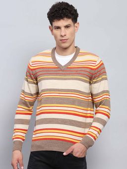 Monte Carlo - Mens Striped Multi Color V Neck Full Sleeve Pullover Sweater