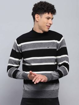 Monte Carlo - Mens Striped Grey Round Neck Full Sleeve Pullover Sweater