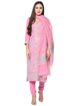 Safaa - Pink Cotton Jacquard Kani Unstitched Kurta And Salwar With Dupatta (Set of 3)
