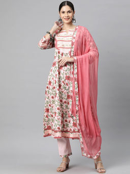 Readiprint - Anarkali Style Cotton Pink Colour Kurta with Pant and Dupatta (Set of 3)