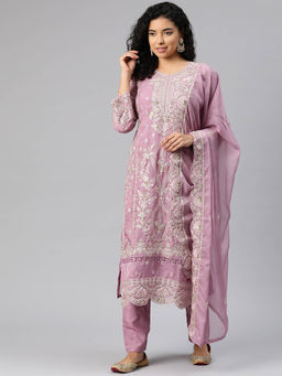 Readiprint - Pakistani Organza Mauve Color Semi Stitched Kurta with Pant and Dupatta