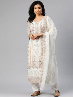 Readiprint - Pakistani Organza Off White Color Semi Stitched Kurta with Pant and Dupatta