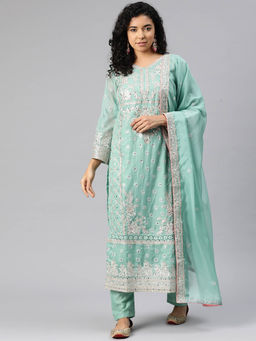 Readiprint - Pakistani Organza Sea Green Color Semi Stitched Kurta with Pant and Dupatta