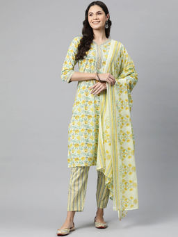 Readiprint - Womens Cotton Floral Straight Kurta Pant and Dupatta (Set of 3)