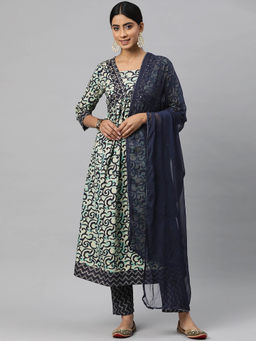Readiprint - Anarkali Cotton Navy Blue Color Kurta and Pant with Dupatta (Set of 3)