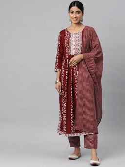 Readiprint - Flared Style Cotton Maroon Color Kurta and Pant with Dupatta (Set of 3)