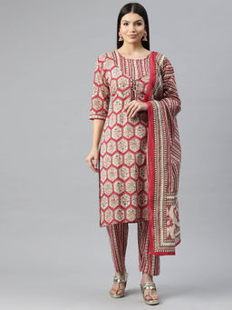 Readiprint - Straight Style Cotton Red Color Kurta and Pant with Dupatta (Set of 3)