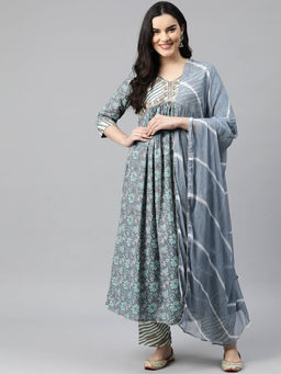 Readiprint - Anarkali Style Cotton Grey Color Kurta and Pant with Dupatta (Set of 3)